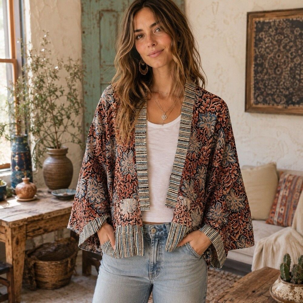 Marketplace Handwork of India Wmn Block Print Hand Embroidered Sikkim Jacket S-M